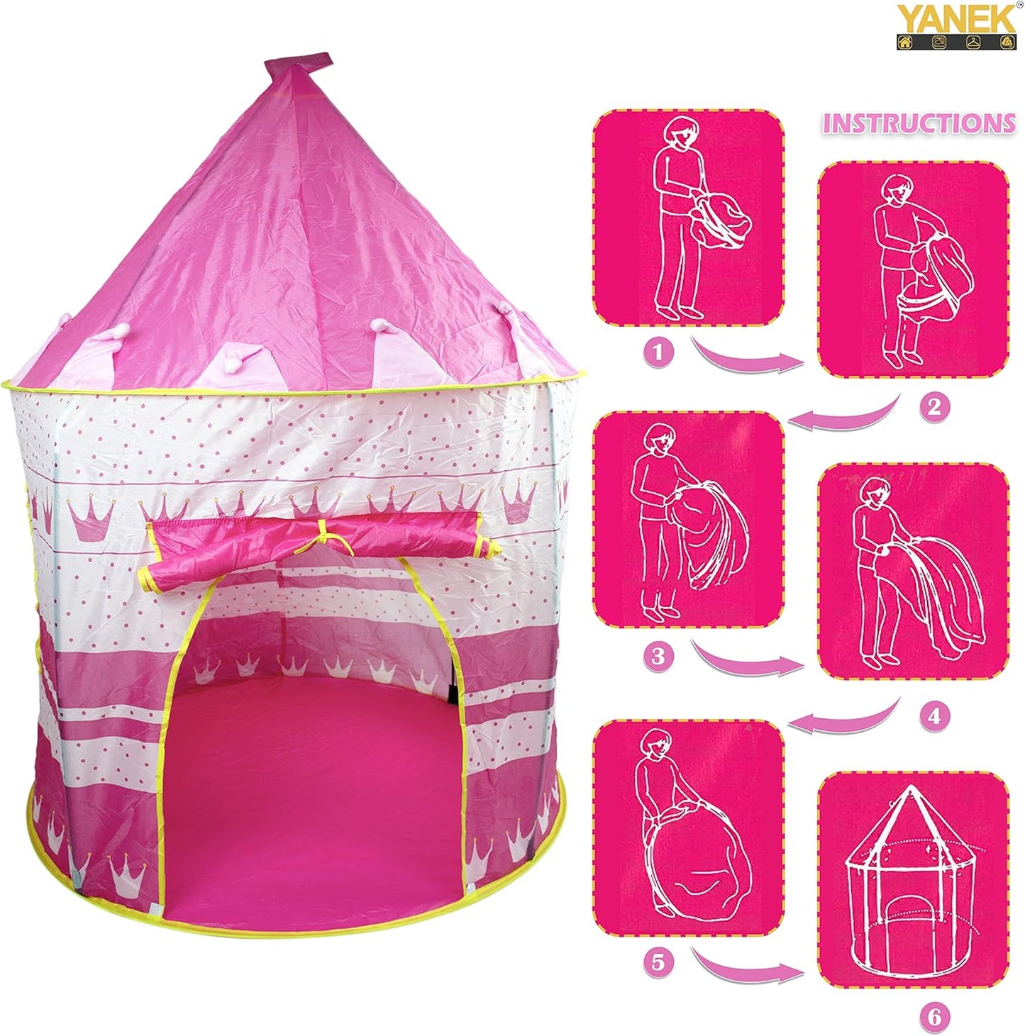 YANEK Kids Play Tent | Foldable Castle Playhouse | For Boys and Girls | For Indoor Games and Outdoor Camping | With Portable Carry Bag (Pink).