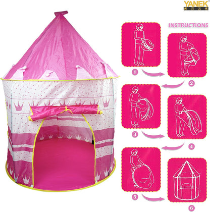 YANEK Kids Play Tent | Foldable Castle Playhouse | For Boys and Girls | For Indoor Games and Outdoor Camping | With Portable Carry Bag (Pink).