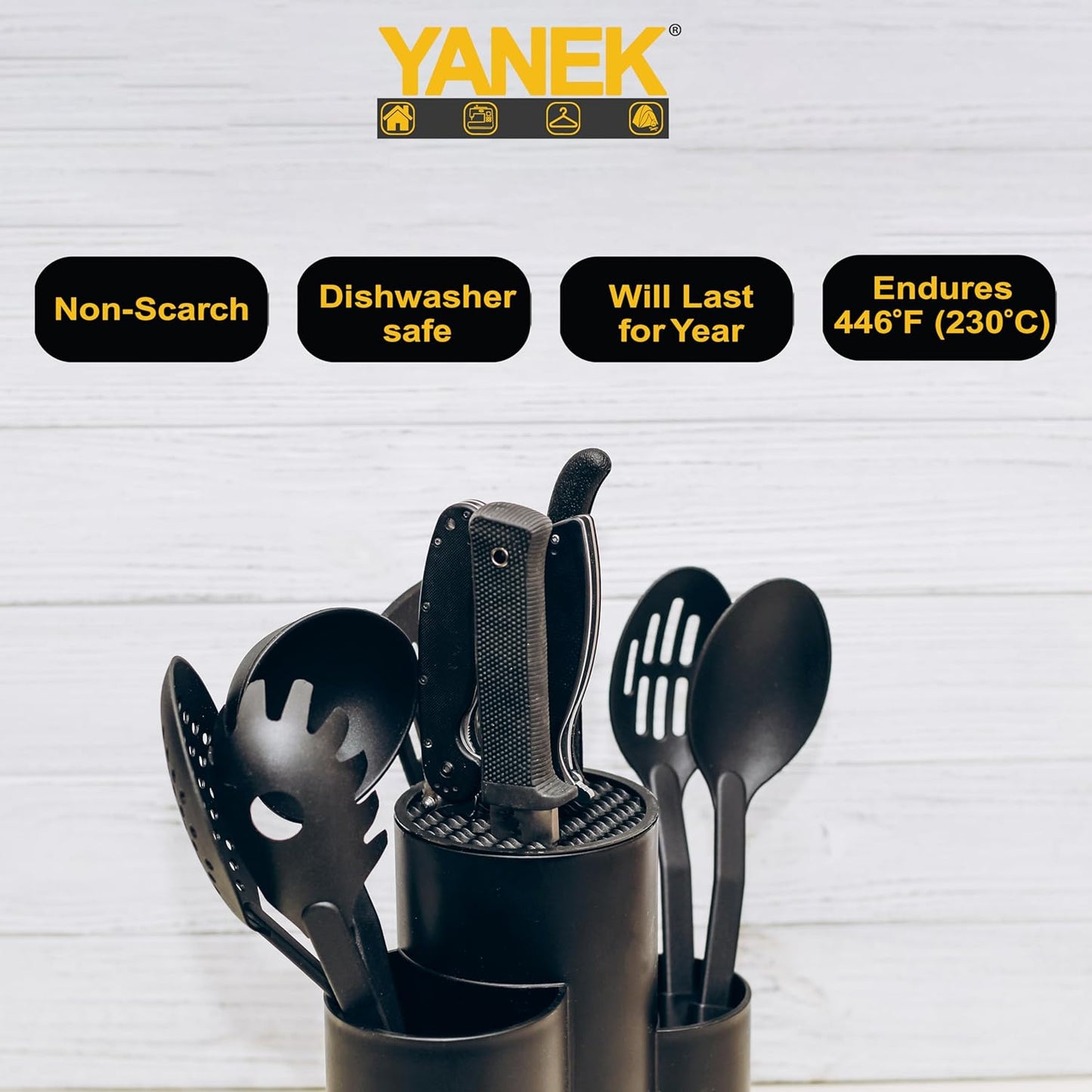 Yanek 6-Piece Silicon Kitchen Utensil Set - Non-Scratch Slotted Spatula, Slotted Spoon, Spaghetti Server, Serving Spoon, Soup Ladle for Cooking, Stirring, & Serving - Perfect Nonstick Cookware (Black)