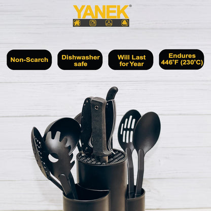 Yanek 6-Piece Silicon Kitchen Utensil Set - Non-Scratch Slotted Spatula, Slotted Spoon, Spaghetti Server, Serving Spoon, Soup Ladle for Cooking, Stirring, & Serving - Perfect Nonstick Cookware (Black)