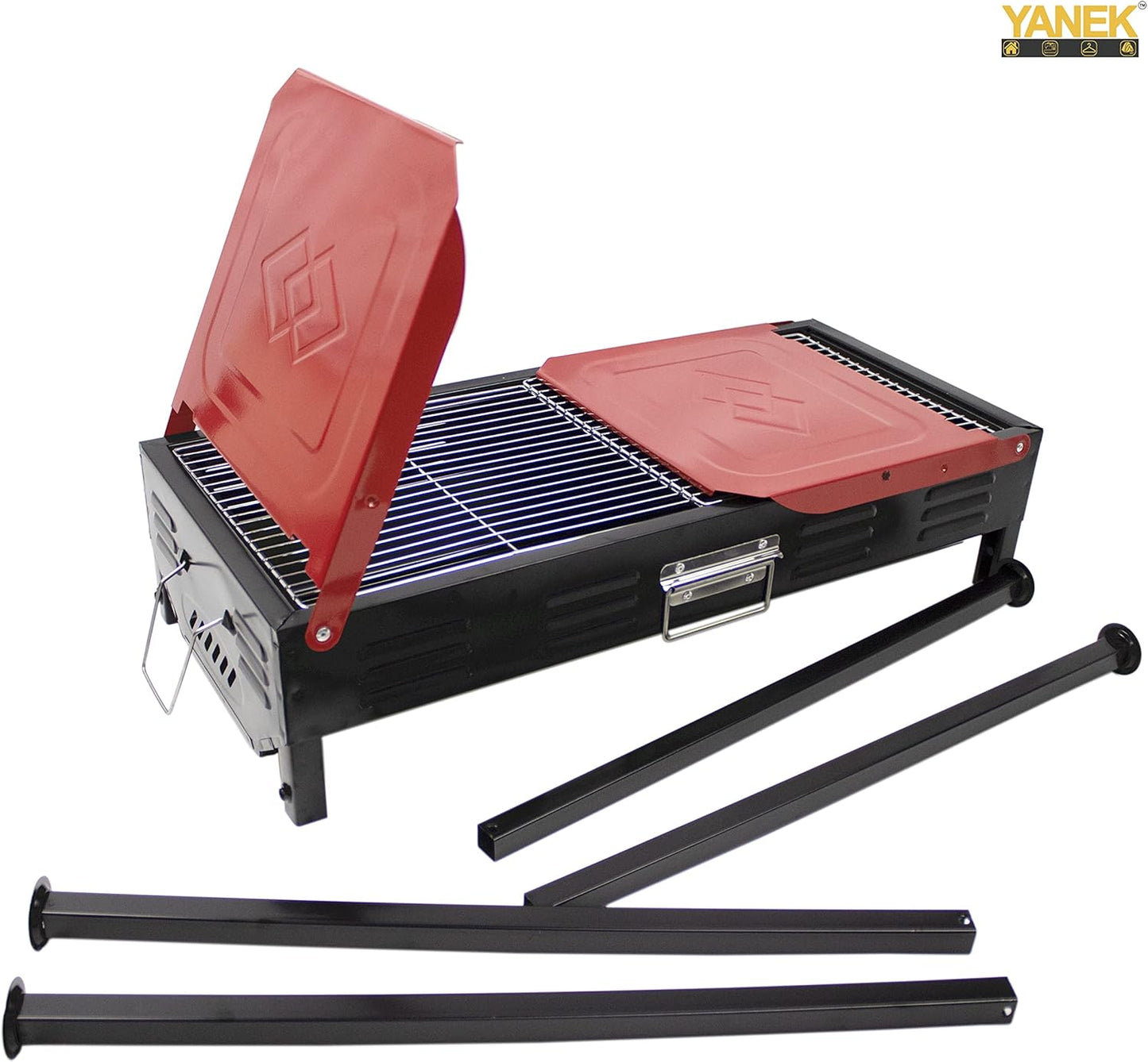 YANEK Stainless Steel Charcoal BBQ Grill – Large Foldable Portable Grill with Side Shelf & Storage Basket (68x66.5x30 cm) | Camping, Picnic & Outdoor Cooking | Wholesale BBQ Grills UAE.