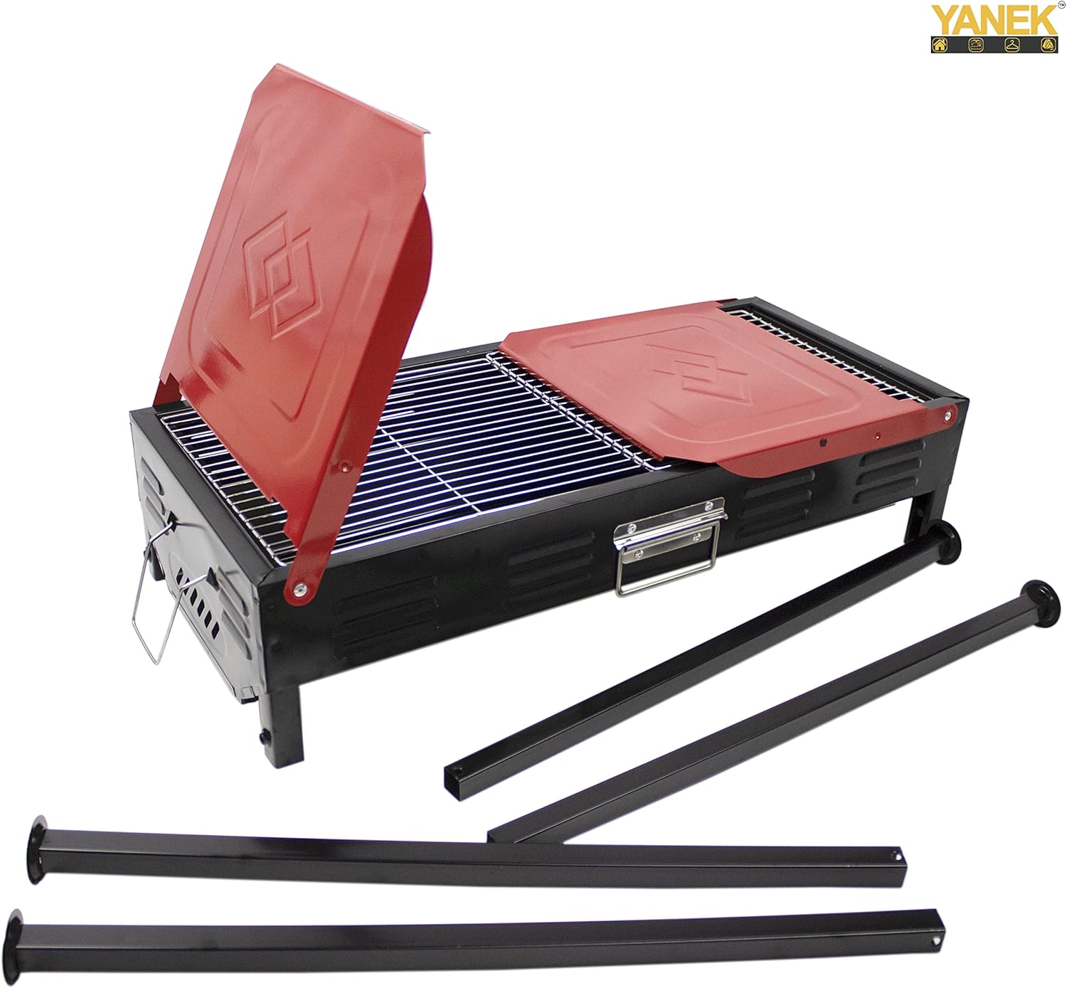 YANEK Stainless Steel Charcoal BBQ Grill – Large Foldable Portable Grill with Side Shelf & Storage Basket (68x66.5x30 cm) | Camping, Picnic & Outdoor Cooking | Wholesale BBQ Grills UAE.