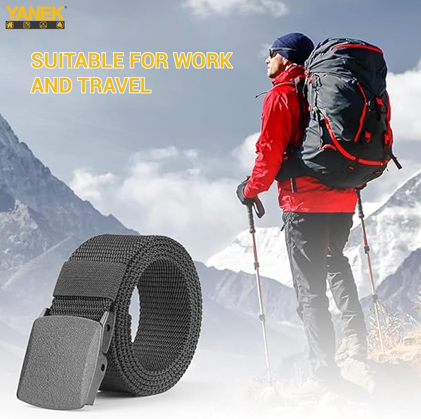 Yanek Men's Adjustable Work Belt Durable Nylon Canvas Metal-Free Buckle Effortless Airport Screening Ideal for Golf Travel Casual Wear Everyday Comfort Versatile Belt Design Easy Fit