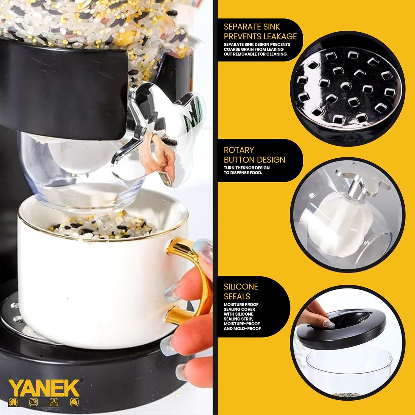 Yanek Cereal Dispenser - Airtight, Dual Compartment Food Storage Dispenser for Cereal, Granola, Snacks, and Dry Goods - Convenient and Durable Kitchen Organizer with Easy-Pour Spouts ‎2 Liters (Black)