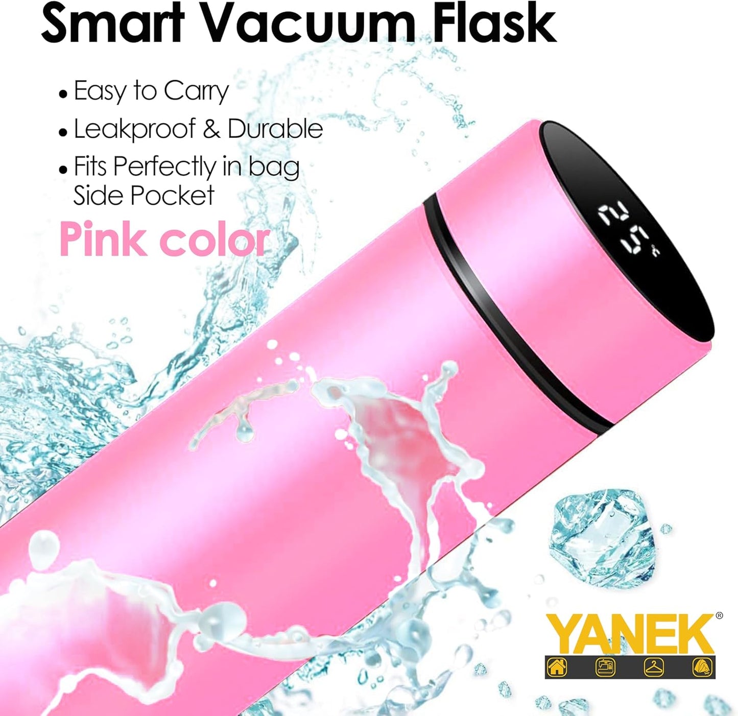 Yanek Smart Water Bottle Stainless Steel – Travel Mug with Smart LCD Touch Screen Temperature Display, Leak-Proof, Hot & Cold Beverage Flask, Ideal for Trave, Gym, Office, & Daily Use (BLACK)