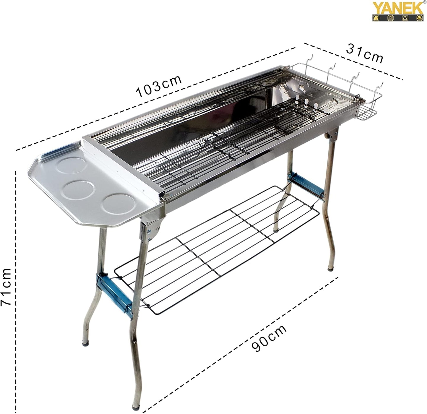 YANEK Stainless Steel Charcoal BBQ Grill – Large Foldable Portable Grill with Side Shelf & Storage Basket (68x66.5x30 cm) | Camping, Picnic & Outdoor Cooking | Wholesale BBQ Grills UAE.