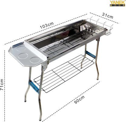 YANEK Stainless Steel Charcoal BBQ Grill – Large Foldable Portable Grill with Side Shelf & Storage Basket (68x66.5x30 cm) | Camping, Picnic & Outdoor Cooking | Wholesale BBQ Grills UAE.
