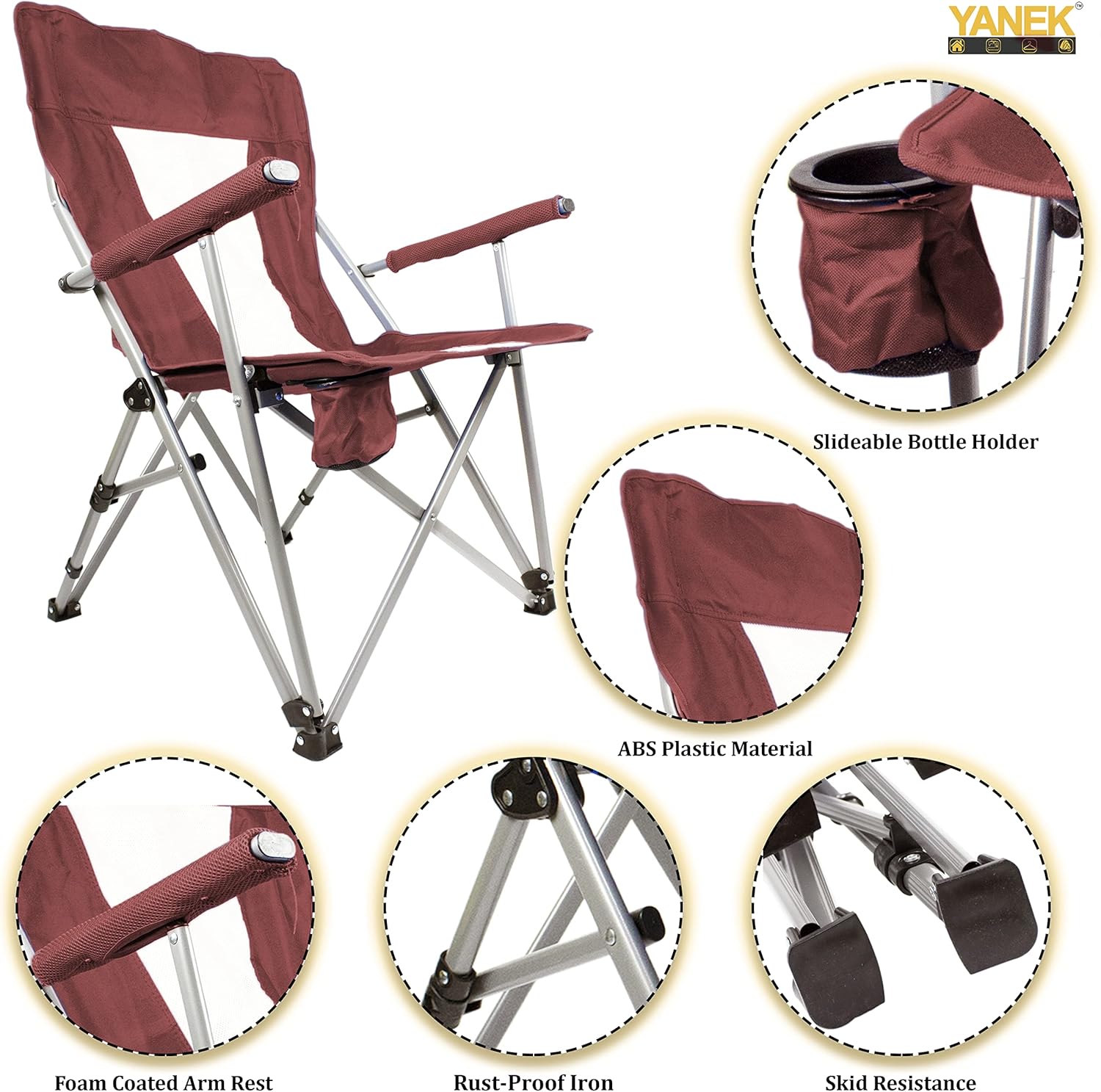 YANEK Foldable Heavy-Duty Camping Chair with Cup Holder – Portable Outdoor Chair with Carry Bag (Burgundy) | BBQ, Fishing & Beach | Wholesale Outdoor Equipment UAE.