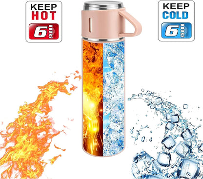 YANEK 500ml Stainless Steel Vacuum Thermos flask with Silicone Handle and Insulated Water bottle with 2 stainless steel cups set for Hot and Cold Outdoor travel | Gift box (1 PACK, PINK)