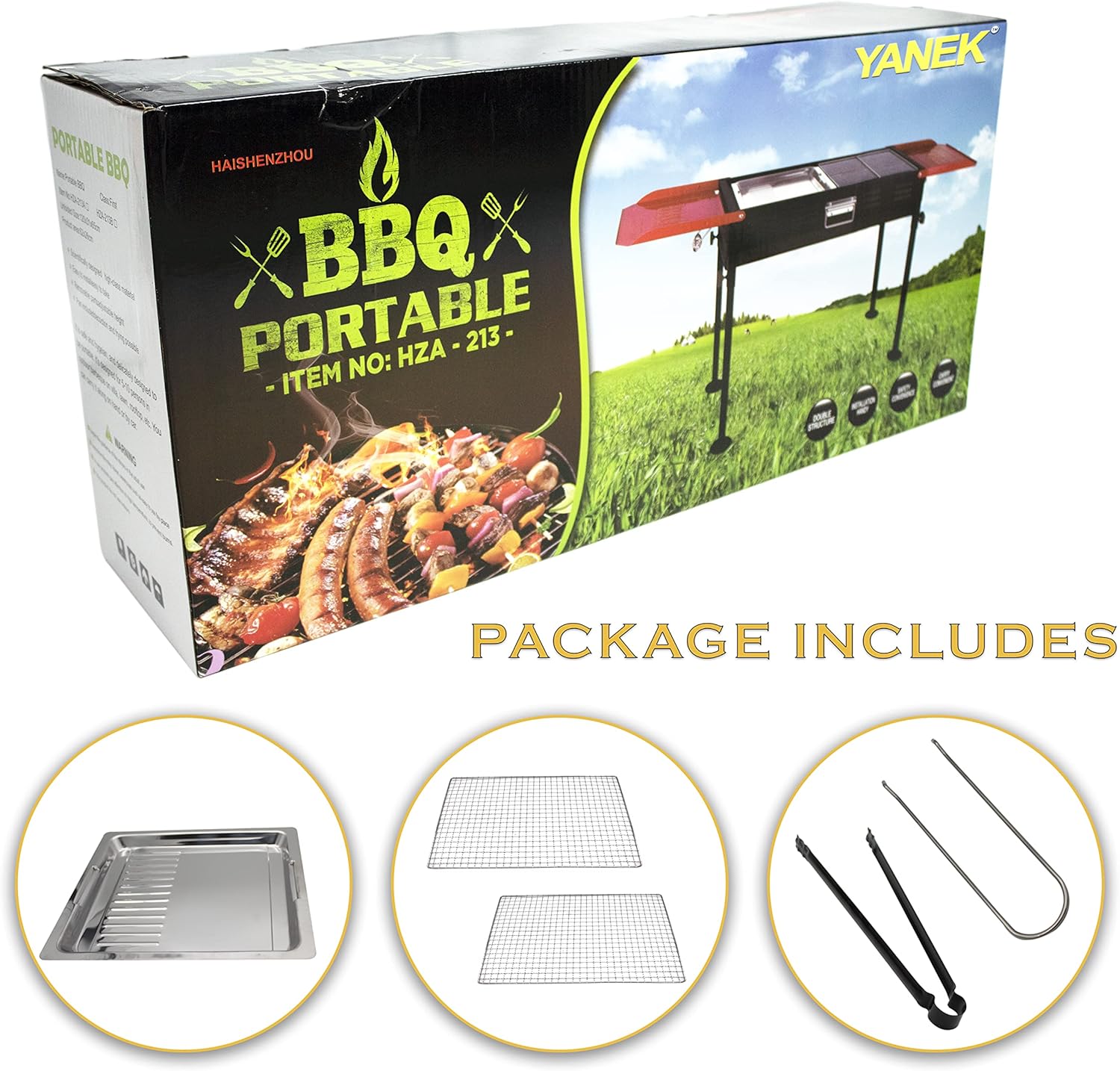 YANEK Stainless Steel Charcoal BBQ Grill – Large Foldable Portable Grill with Side Shelf & Storage Basket (68x66.5x30 cm) | Camping, Picnic & Outdoor Cooking | Wholesale BBQ Grills UAE.