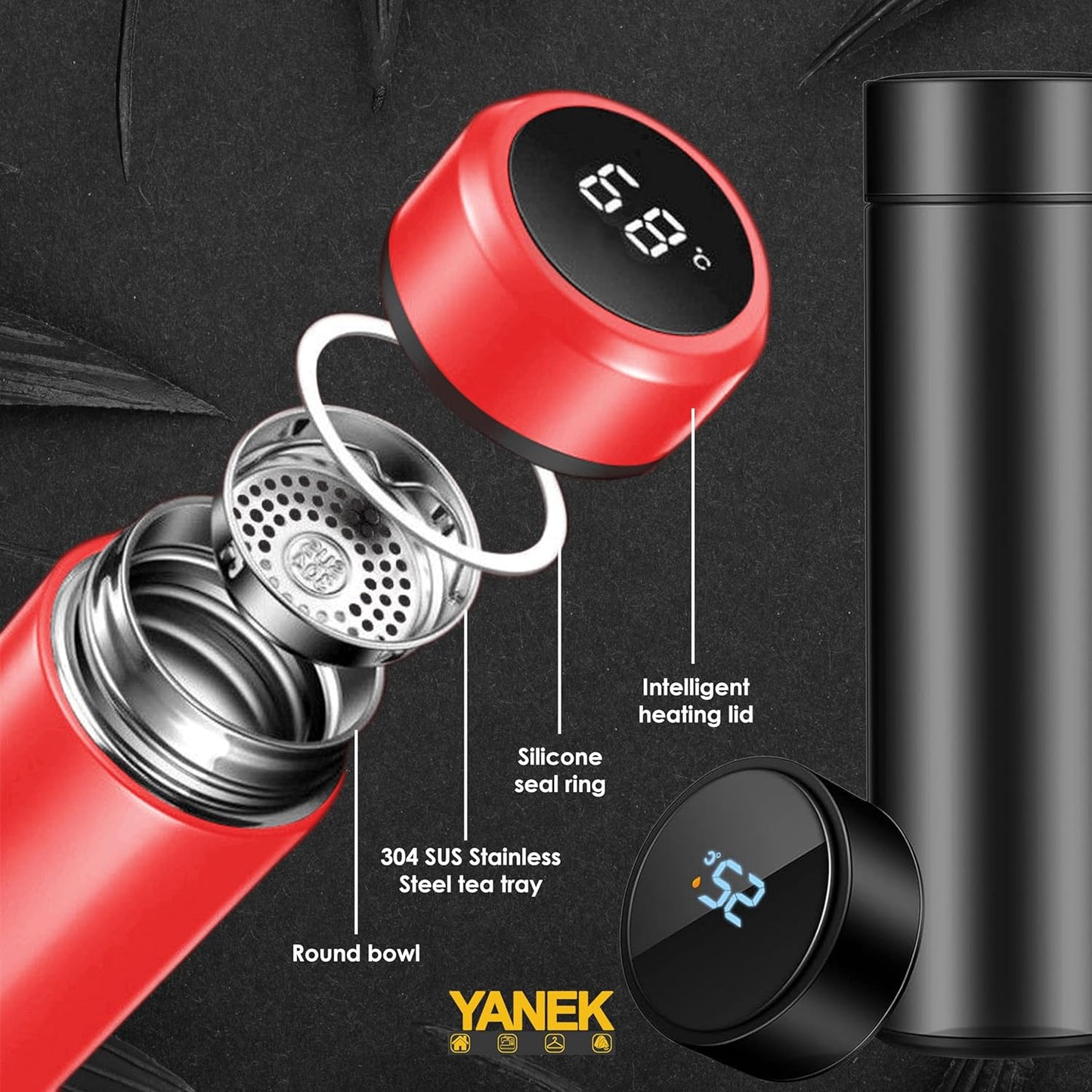 Yanek Smart Water Bottle Stainless Steel – Travel Mug with Smart LCD Touch Screen Temperature Display, Leak-Proof, Hot & Cold Beverage Flask, Ideal for Trave, Gym, Office, & Daily Use (BLACK)