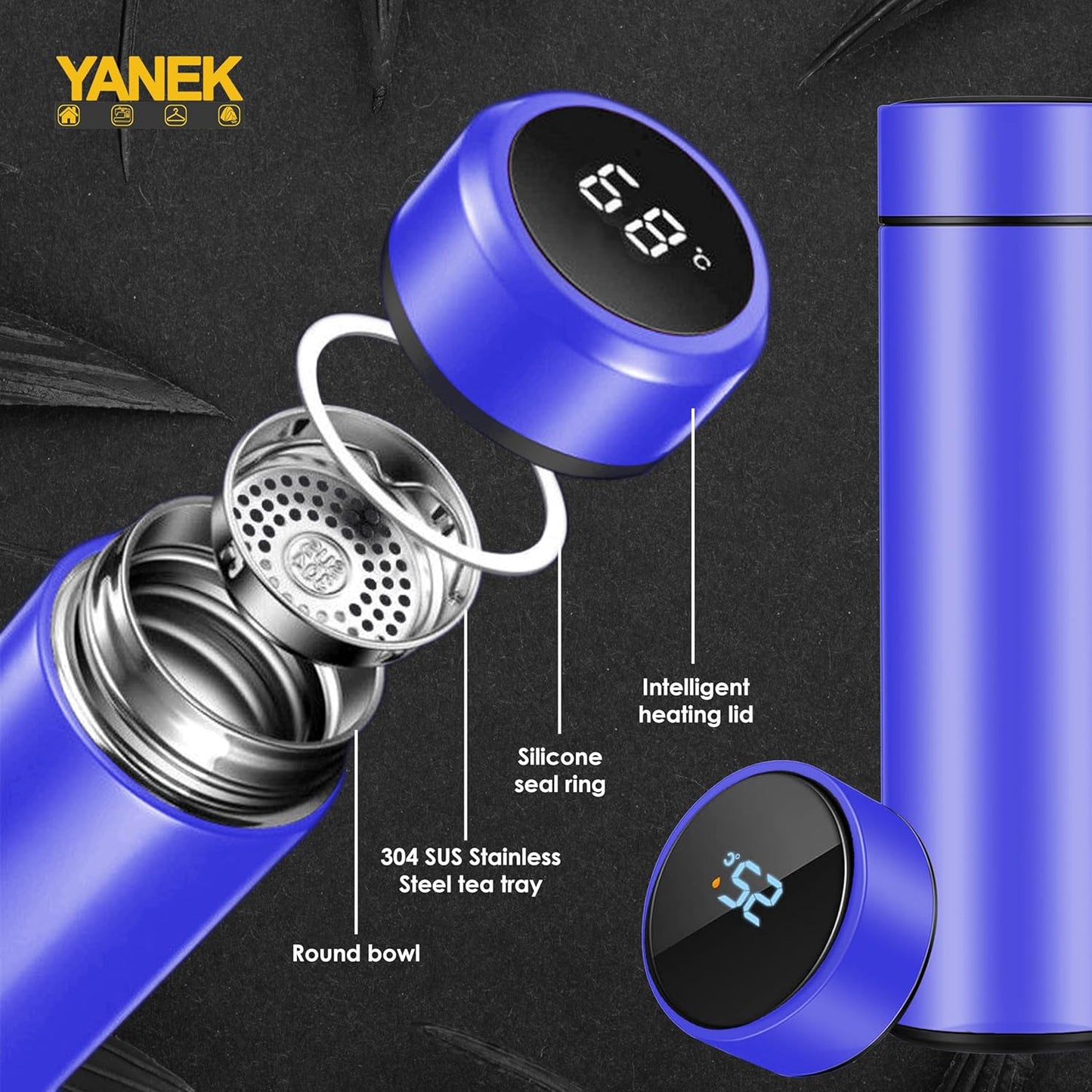 Yanek Smart Water Bottle Stainless Steel – Travel Mug with Smart LCD Touch Screen Temperature Display, Leak-Proof, Hot & Cold Beverage Flask, Ideal for Trave, Gym, Office, & Daily Use (BLACK)