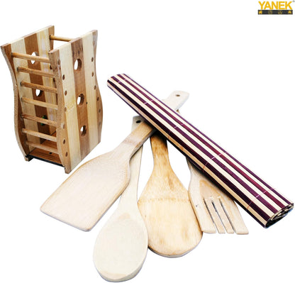 YANEK Bamboo Wooden Cutlery Set | 5 Piece Set with 1 Stand | Wooden Kitchen Utensils | Spoon, Spatula, Slotted Spoon, Turner & Mat