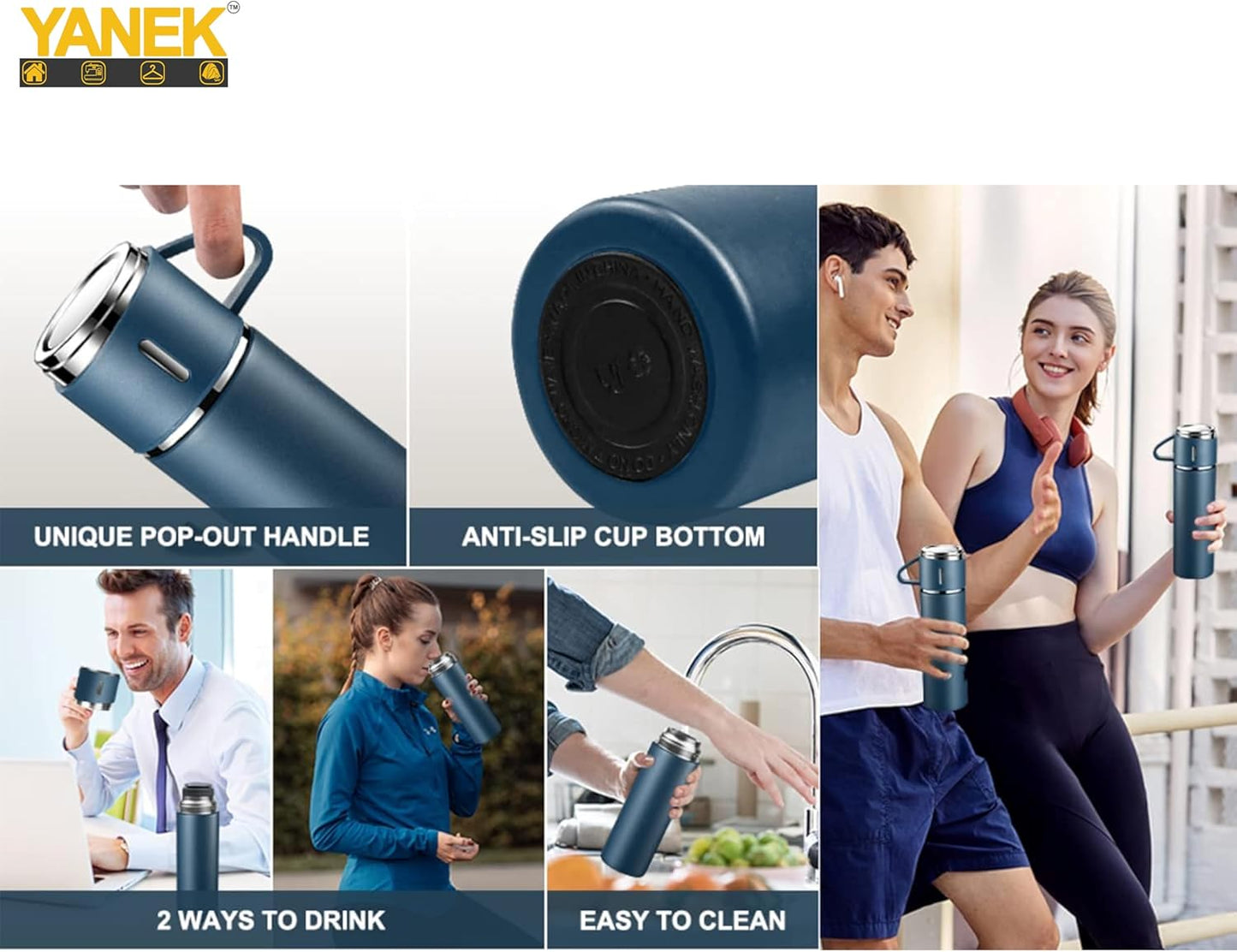 YANEK 500ml Stainless Steel Vacuum Thermos flask with Silicone Handle and Insulated Water bottle with 2 stainless steel cups set for Hot and Cold Outdoor travel | Gift box (1 PACK, PINK)