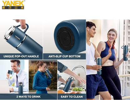 YANEK 500ml Stainless Steel Vacuum Thermos flask with Silicone Handle and Insulated Water bottle with 2 stainless steel cups set for Hot and Cold Outdoor travel | Gift box (1 PACK, PINK)