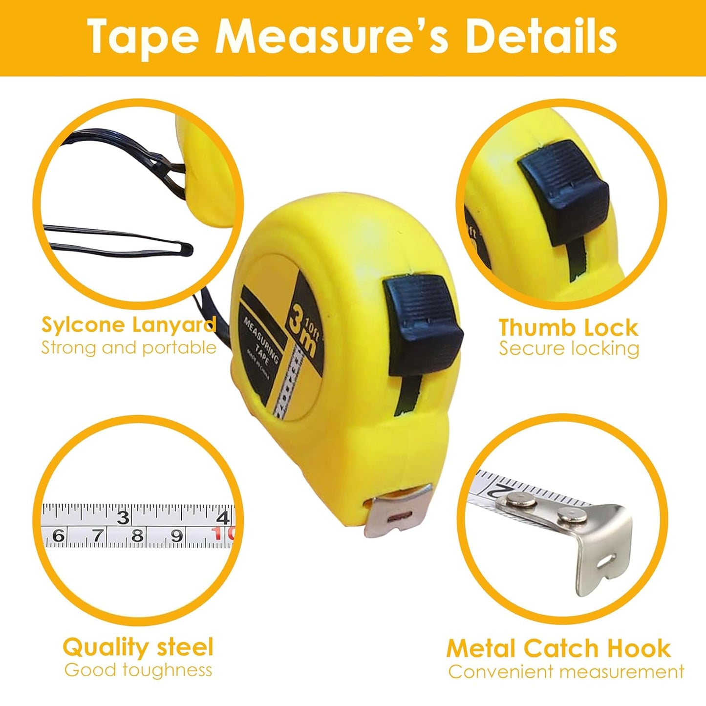 Yanek Steel Tape Measure with Auto Lock - Short Measuring Tape for Precision Measurements, Easy Read Markings, Compact Design & Easy Storage - Ideal for DIY, Construction, & Home Use (3M/10FT)