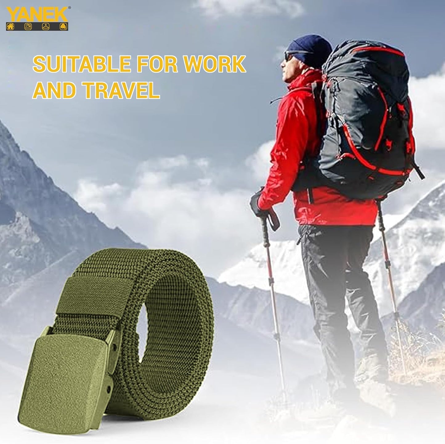 Yanek Men's Adjustable Work Belt Durable Nylon Canvas Metal-Free Buckle Effortless Airport Screening Ideal for Golf Travel Casual Wear Everyday Comfort Versatile Belt Design Easy Fit