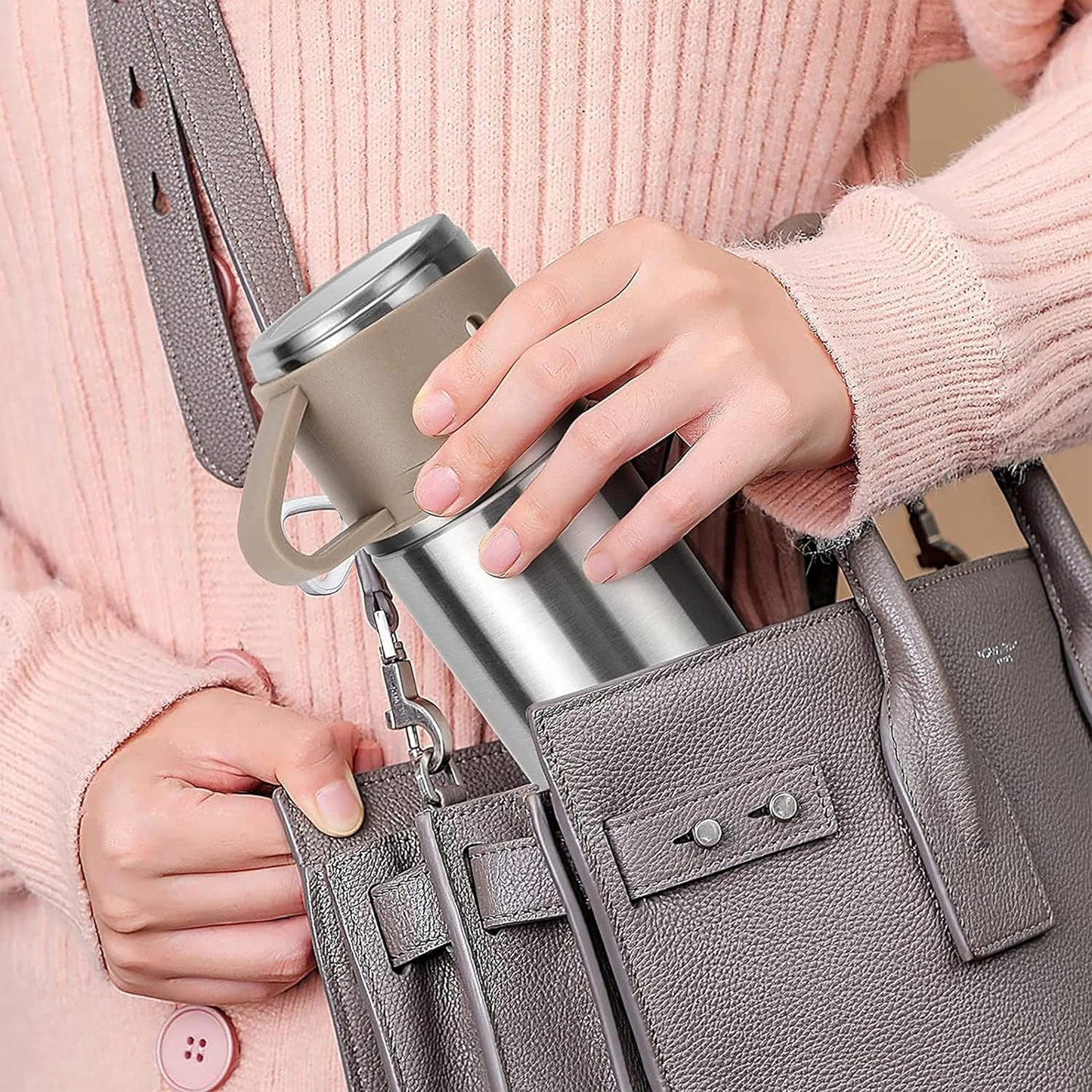 YANEK 500ml Stainless Steel Vacuum Thermos flask with Silicone Handle and Insulated Water bottle with 2 stainless steel cups set for Hot and Cold Outdoor travel | Gift box (1 PACK, PINK)