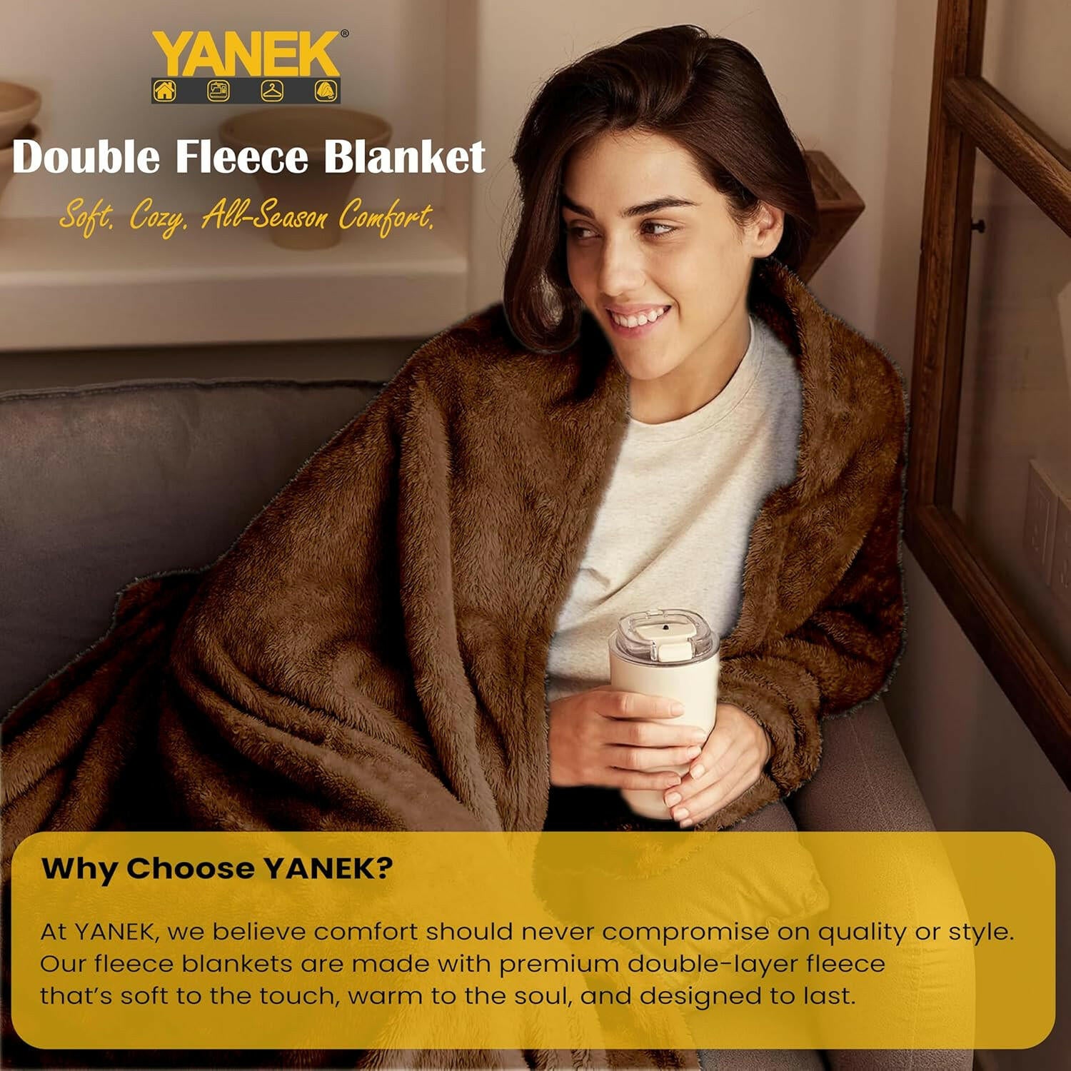Yanek Ultra-Soft Double Micro Fleece Flannel Blanket – 260 GSM Premium Quality, Super Plush, Warm & Cozy All-Season Throw Blanket for Bed or Couch,Generous Size 200 x 220 cm (BROWN).