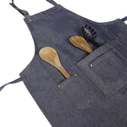 YANEK Unisex Denim Long Chef Apron with Pockets | Barista Cotton Apron for Home, Kitchen, BBQ, Coffee Shop | Three Pockets, Adjustable Straps with Rivets