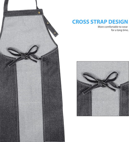 YANEK Unisex Denim Long Chef Apron with Pockets | Barista Cotton Apron for Home, Kitchen, BBQ, Coffee Shop | Three Pockets, Adjustable Straps with Rivets