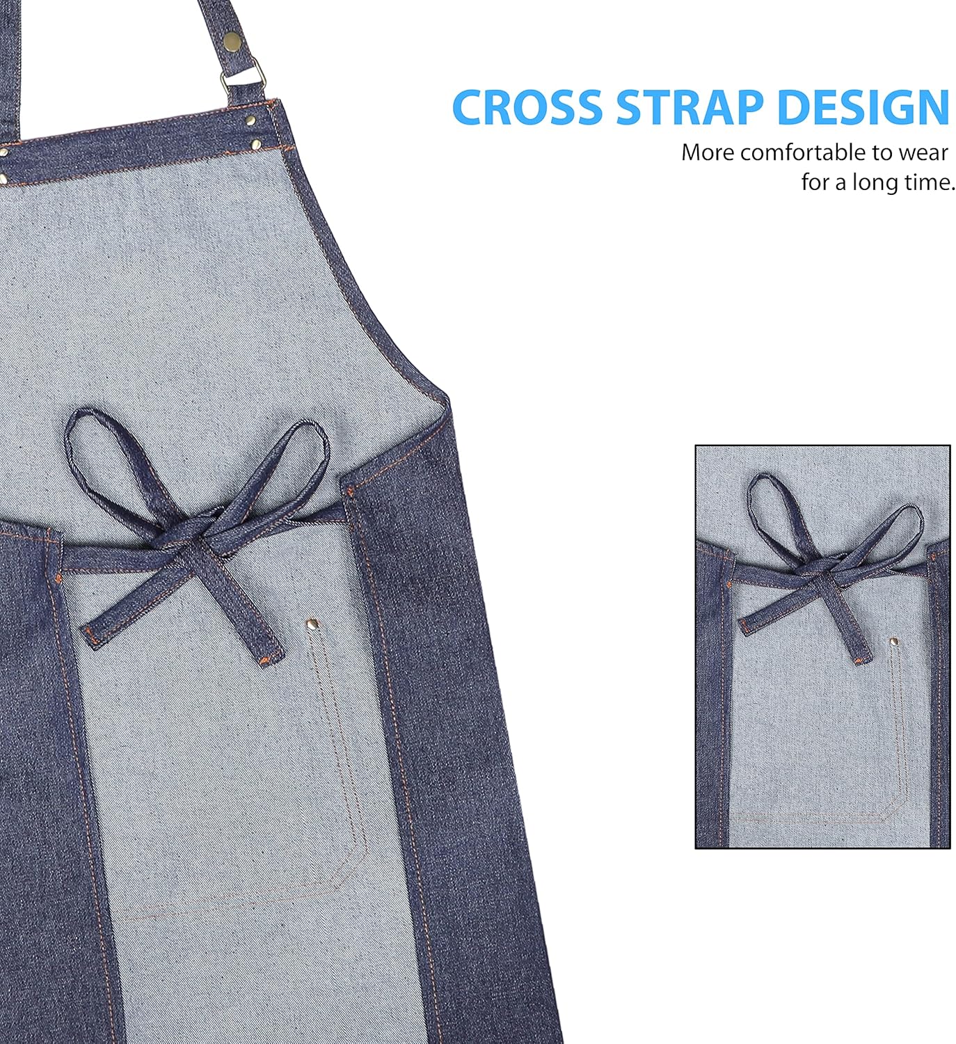 YANEK Unisex Denim Long Chef Apron with Pockets | Barista Cotton Apron for Home, Kitchen, BBQ, Coffee Shop | Three Pockets, Adjustable Straps with Rivets
