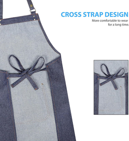 YANEK Unisex Denim Long Chef Apron with Pockets | Barista Cotton Apron for Home, Kitchen, BBQ, Coffee Shop | Three Pockets, Adjustable Straps with Rivets